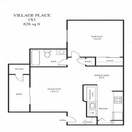 Floor plan for 1 bed, 1 bath, 626 sqft